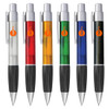 A collection of plastic pens in clear, red, orange, green, blue, and black, each with a clip and a branding logo.