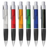 A collection of six plastic pens in clear, red, orange, green, blue, and black, featuring silver accents and rubber grips.
