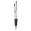 A plastic pen with a transparent barrel and black grip, featuring a silver clip and tip.