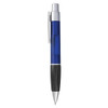 A blue plastic pen with a silver clip and black grip, featuring a branding logo.