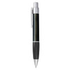 A plastic pen featuring a sleek black and silver design with a textured grip and a clip for attachment.