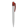 A plastic pen featuring a white barrel and a red grip and clip. It has a black ink tip and a logo on the side.