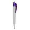 A plastic pen in white with a purple cap and clip, featuring a logo on the barrel.