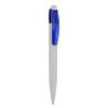 A white plastic pen with a blue clip and a smooth writing tip, featuring a logo on the barrel.