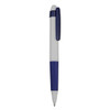 A plastic pen in white and blue featuring a clip and a branding logo.