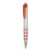 A plastic pen with a silver body and orange accents, featuring a grip with raised dots and a clip.