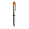 A silver plastic pen with orange accents and a dotted grip. Features a clip and a logo.