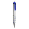A plastic pen with a silver barrel and blue accents, featuring a textured grip and a clip.