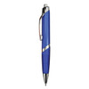 A blue plastic pen with a silver clip and trim, featuring a sleek design. It has a branding logo on the barrel.