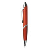 A plastic pen in vibrant orange with a silver clip and accents, featuring a sleek design and a logo.