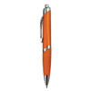 An orange plastic pen with a sleek design and silver accents, featuring a clip and push mechanism.