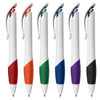 A collection of six plastic pens in red, orange, green, blue, purple, and black with white bodies and grips.