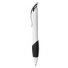 A plastic pen in white and black, featuring a grip section and a clip. It has a logo on the barrel.