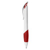 A plastic pen with a white body and a red grip, featuring a clip and a branding logo.
