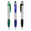 Three plastic pens in green, blue, and black with white grips and clips, featuring logos on the bodies.