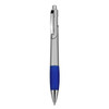 A plastic pen with a silver body and a blue grip, featuring a clickable top and a clip.