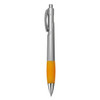 A silver pen with a yellow grip, featuring a click mechanism and a clip, and includes a logo.