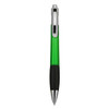 A green plastic pen with a silver clip and black grip, featuring a branding logo.