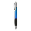 A plastic pen with a blue and silver design, featuring a black grip and a logo on the barrel.