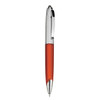 An orange plastic pen with a chrome clip and tip, featuring a logo on the side.