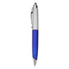 A plastic pen with a blue barrel and silver accents, featuring a clip and a shiny tip. Includes a logo.