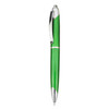 A green plastic pen with chrome accents, featuring a clip and a smooth barrel design.