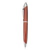 A plastic pen in a red finish with silver accents and a clip, featuring a logo.