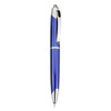 A blue plastic pen with silver accents and a clip, featuring a sleek design and a logo on the barrel.