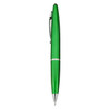 A green plastic pen with silver accents and a clip, featuring a brand logo.