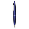 A blue plastic pen with silver accents and a clip, featuring a simple logo.