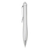A silver plastic pen with a sleek design and a clip, featuring a shiny finish and a pointed tip.