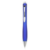 A blue plastic pen with a sleek design and a silver clip. The pen features a shiny tip.