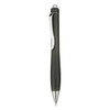 A black plastic pen with a silver clip and trim features a sleek design. It has a logo on the body.