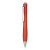 A plastic pen in vibrant red with a silver clip and tip, featuring a sleek design and branding.