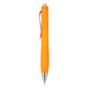 An orange plastic pen with a silver clip and tip, featuring a logo on the body.