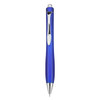 A plastic pen in a vibrant blue colour with a silver clip and tip, featuring a logo.