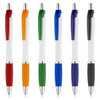 A selection of six plastic pens in red, orange, green, blue, purple, and black, featuring textured grips and a logo.