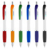 A set of plastic pens in red, orange, green, blue, black, purple, and a textured grip. Each pen features a logo.