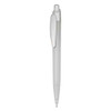 A transparent plastic pen with a white clip and grip, featuring a simple design and a branding logo.