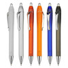 A collection of plastic pens in white, orange, blue, black, and metallic finishes, each with a silver clip and tip.