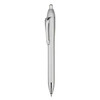 A silver plastic pen with a clip and a retractable mechanism, featuring a logo.