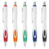 A collection of five plastic pens in white with coloured accents: red, orange, green, blue, and black. Each pen has a logo.