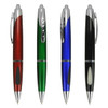 A selection of four plastic pens in red, green, blue, and black, featuring chrome accents and clips.