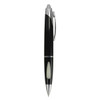 A plastic pen in black with silver accents and a transparent grip section. It features a clip and a sleek design.