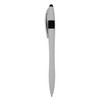 A grey plastic pen with a black grip and a rounded cap. It features a logo on the barrel.