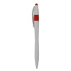 A plastic pen in white with a red grip and red top, featuring a logo.