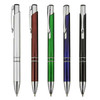 A set of five plastic pens in silver, red, green, blue, and black, featuring a logo on each pen.