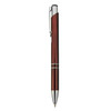 A red plastic pen with a silver clip and accents, featuring a simple logo design.