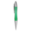 A green plastic pen with a silver clip and accents, featuring a textured grip for comfort.
