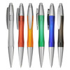 A collection of six plastic pens in silver, orange, yellow, green, blue, and black with chrome accents and a branding logo.